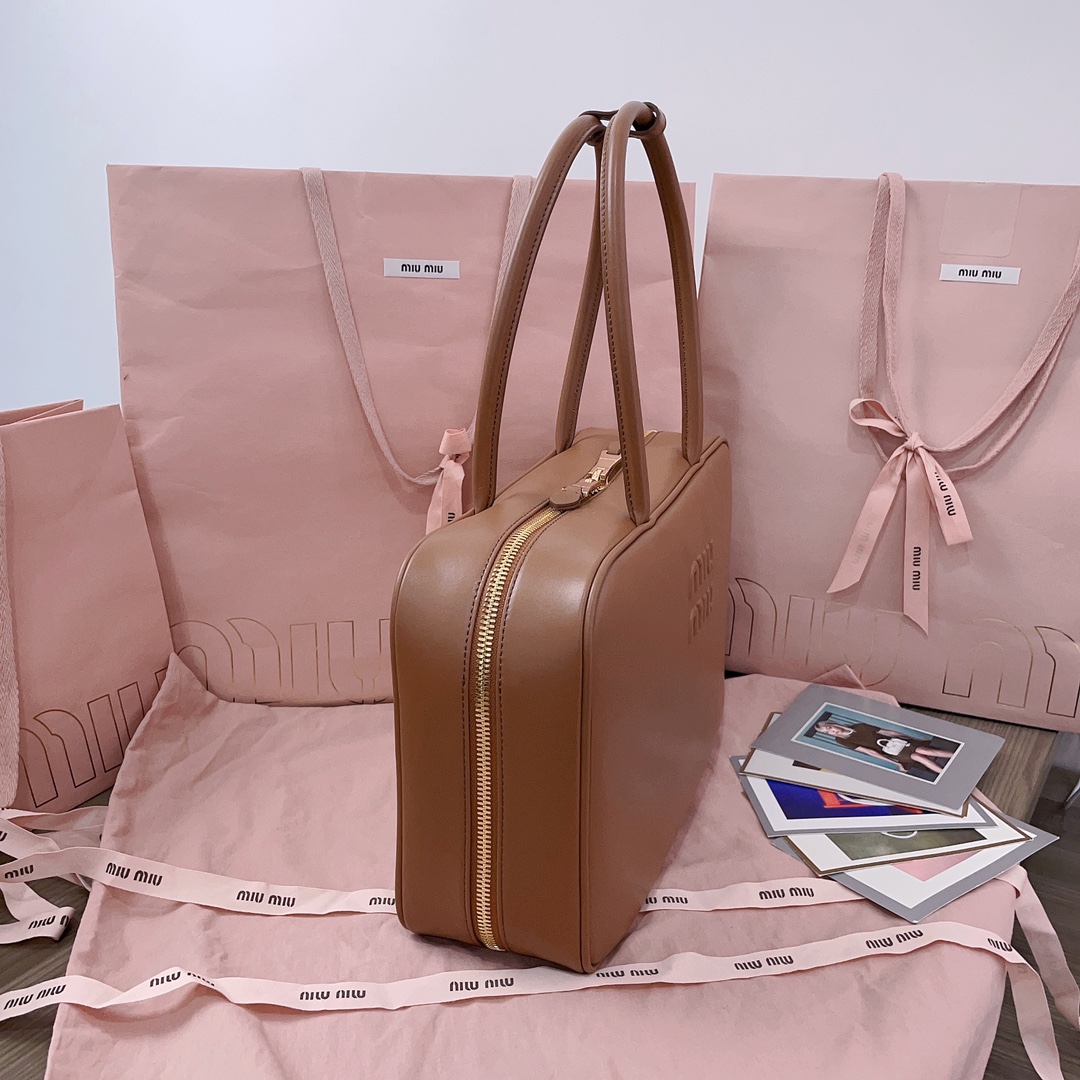 Miu Miu Brown Leather embossed logo bowling bag Mi