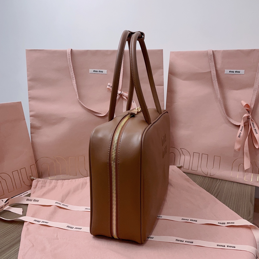 Miu Miu Brown Leather embossed logo bowling bag Miu
