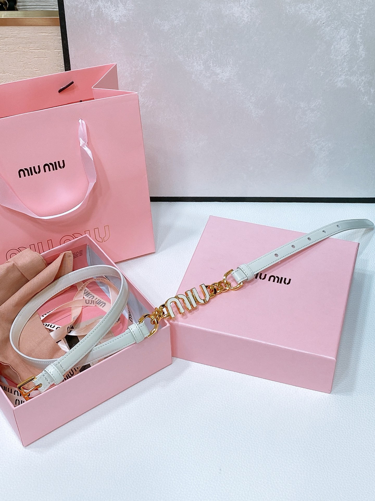 Miu Miu Brushed Leather Belt with Logo, designed for women, in White