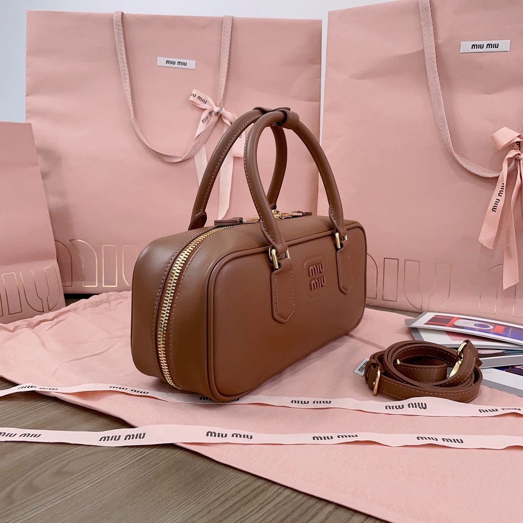MIU MIU Calfskin Mini Arcadie Top Handle Bag Cognac Miu Miu 04999