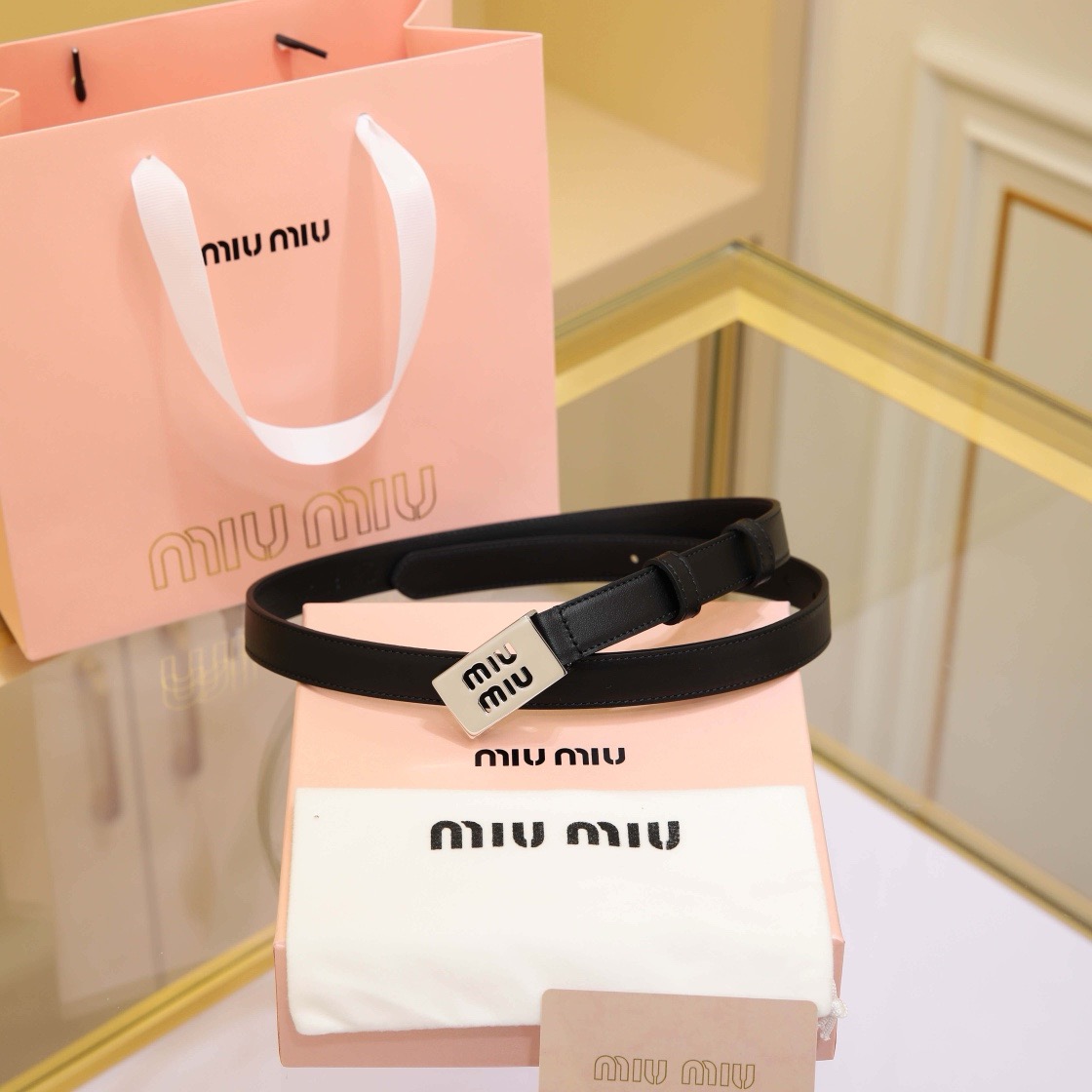 MIU MIU Classic Leather Belt- sliver black