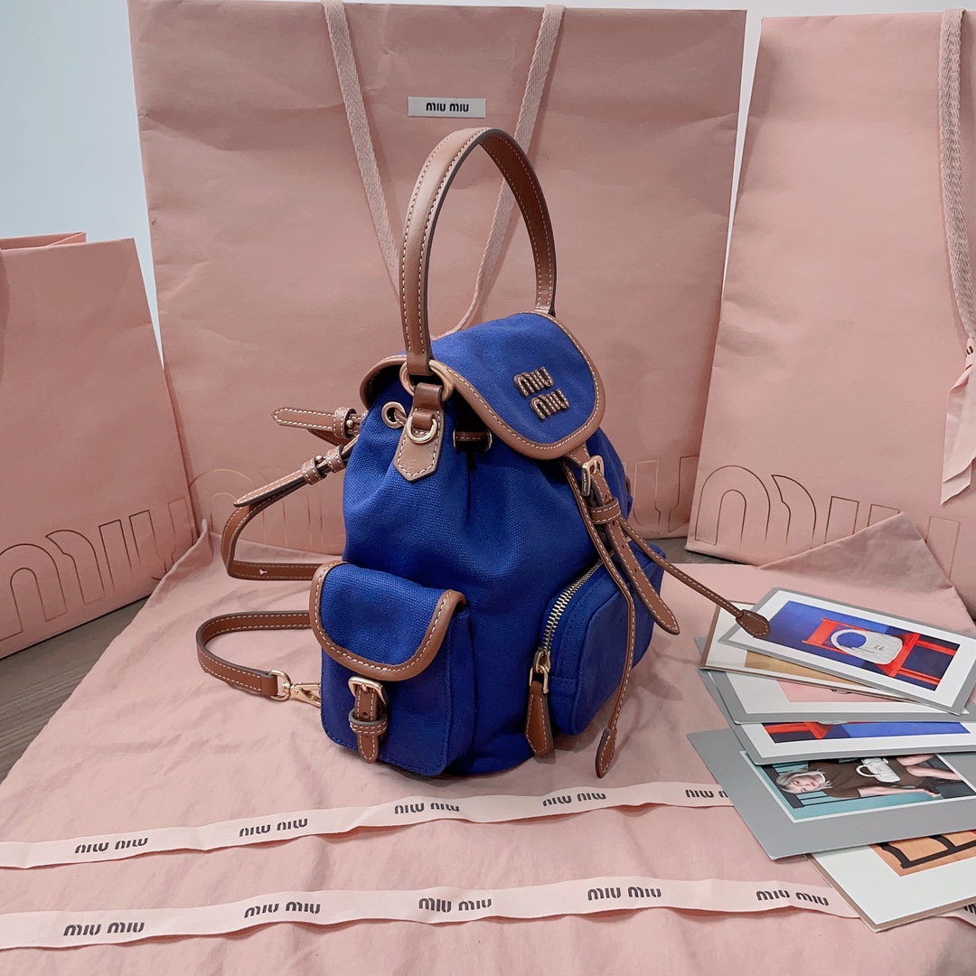 Miu Miu Cornflower Blue/brandy Canvas And Leather Backpack | Miu Miu