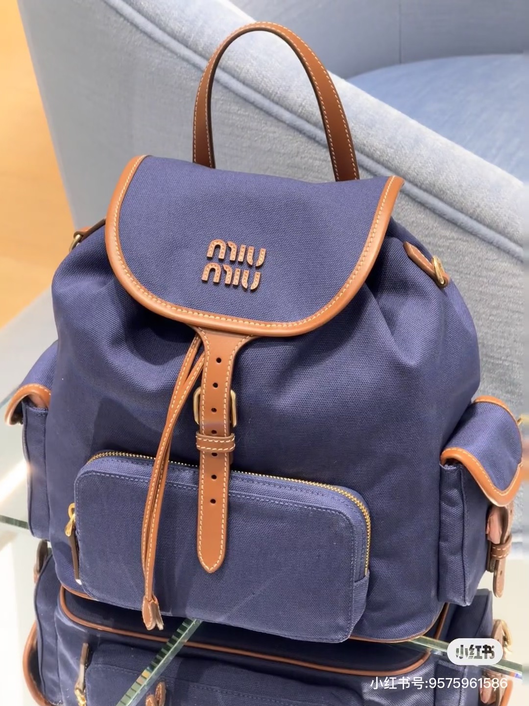 Miu Miu Cornflower Blue/brandy Canvas And Leather Backpack | Miu Miu