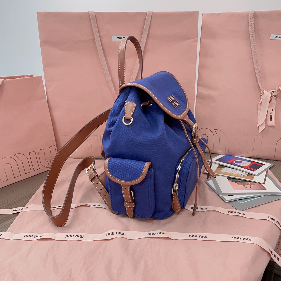 Miu Miu Cornflower Blue/brandy Canvas And Leather Backpack | Miu Miu