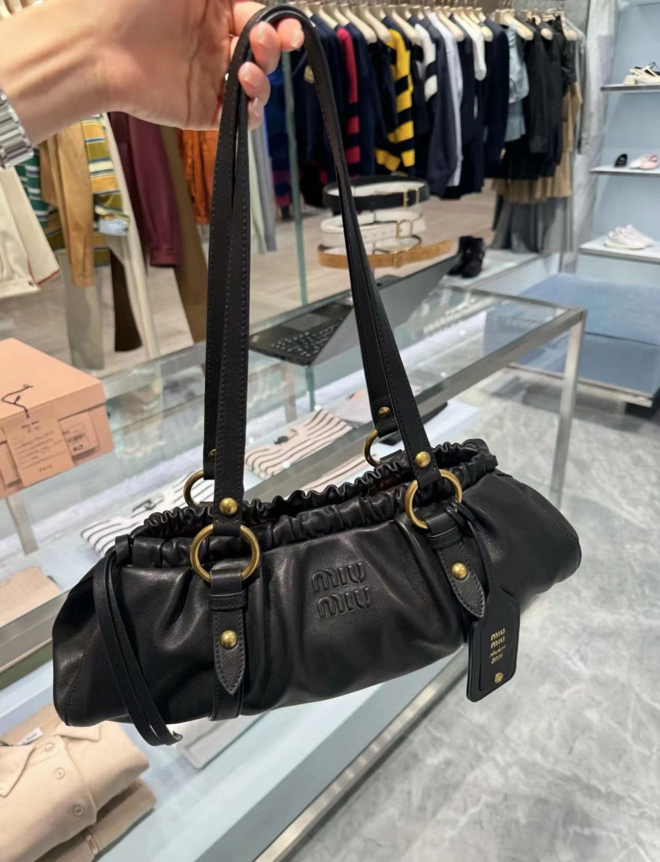 Miu Miu Crochet knit shopping bag with leather handles |