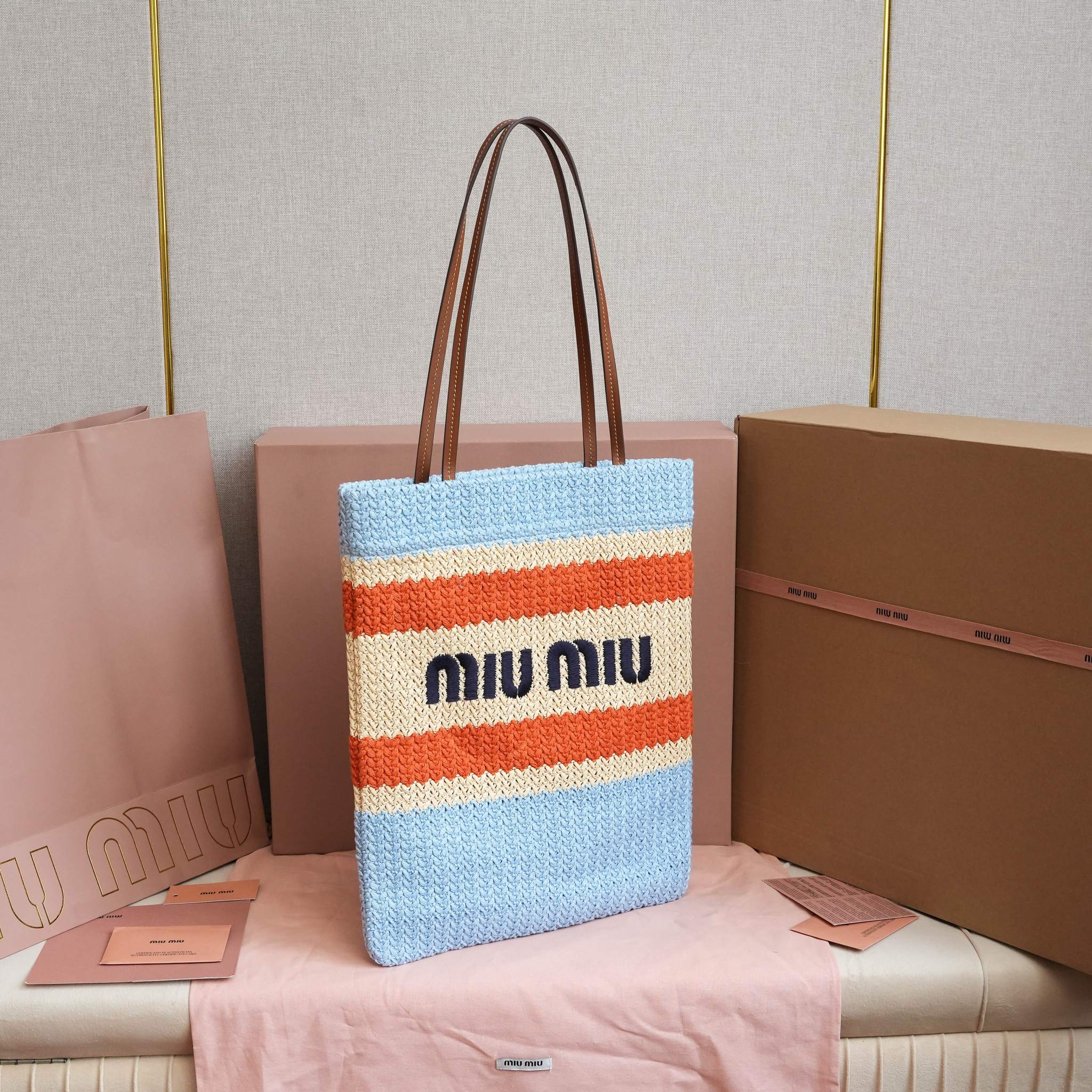 Miu Miu Crochet Tote Bag - Tan / Light Blue |  Miu Miu 00249