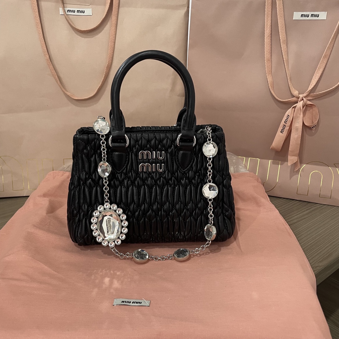 Miu Miu Crystal Tote / Shoulder Bag in Black Nappa Matelassé Miu Miu 01459
