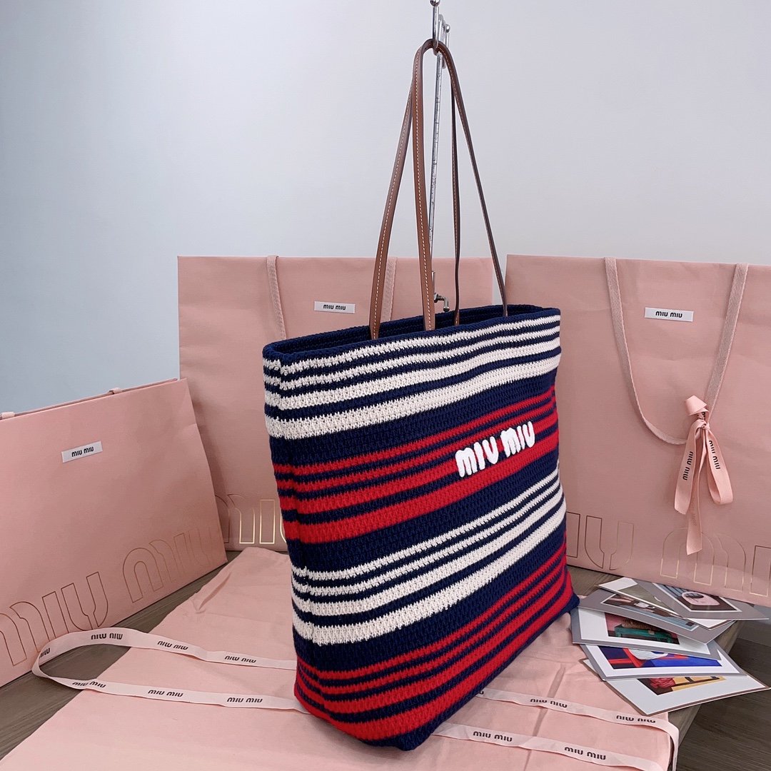 MIU MIU Fabric Crochet Striped Tote Bag Blue Red White