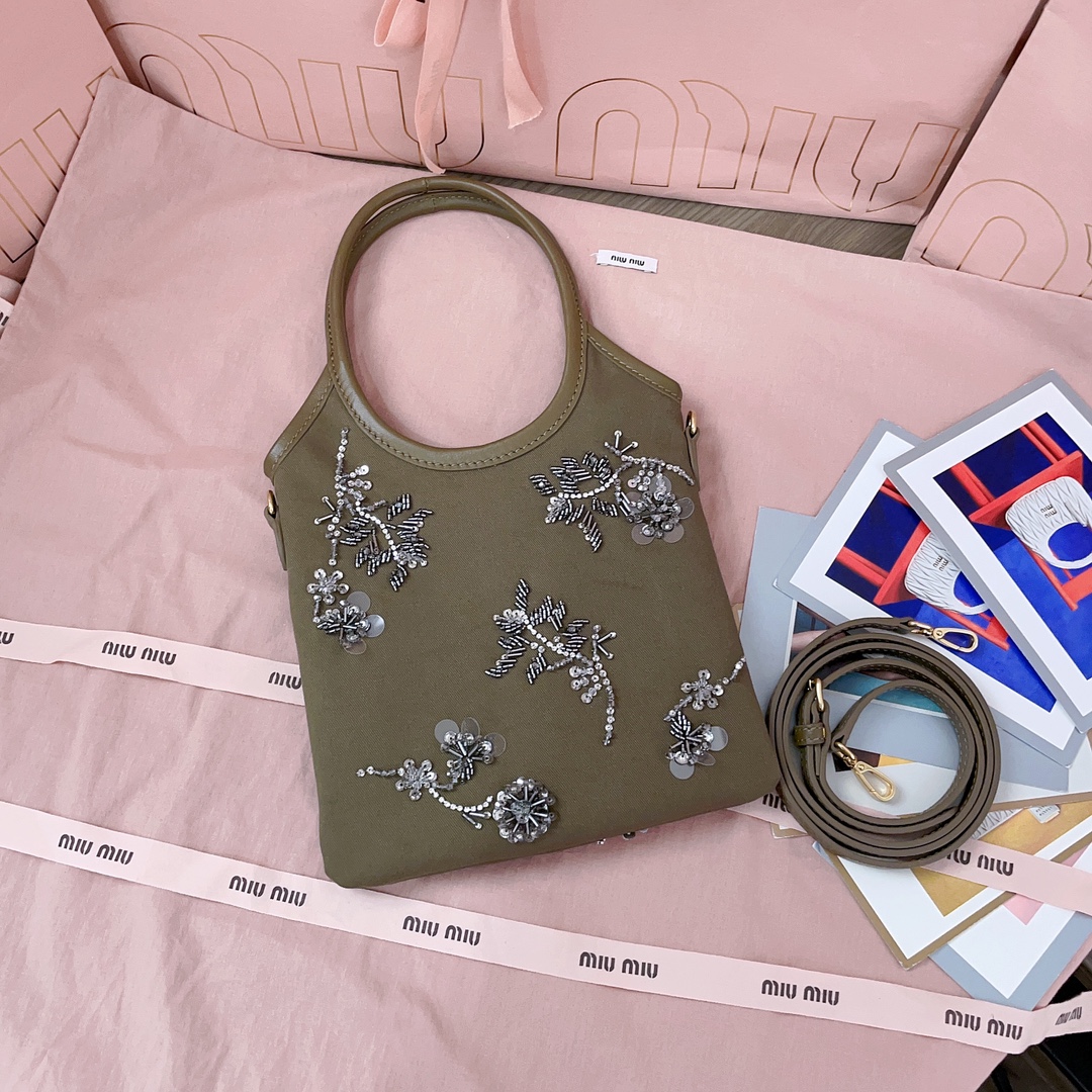 Miu Miu Ivy Embroidered Gabardine Bag 'Olive' - 5BA281