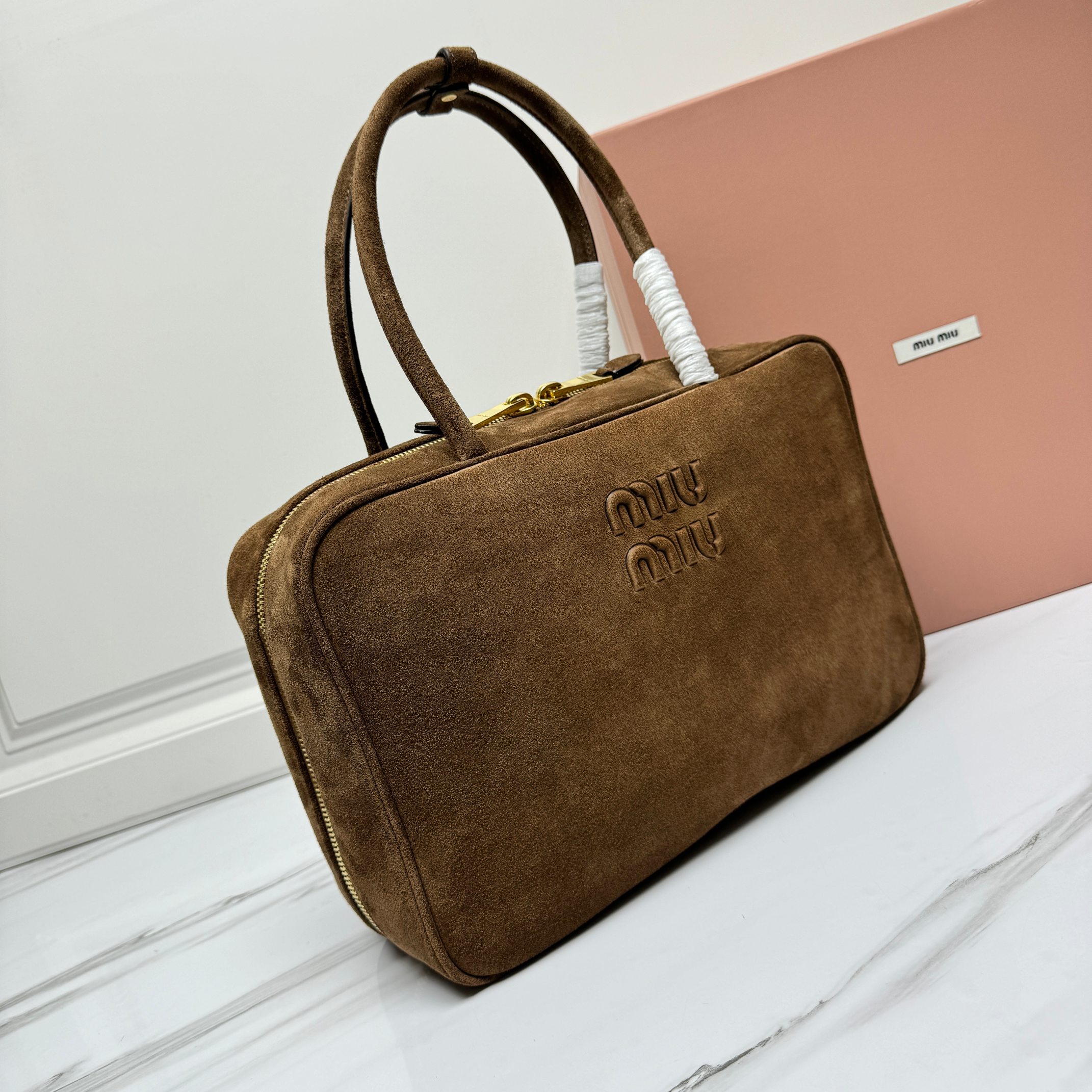 Miu Miu Large Beau Suede Top Handle Bag in Brown