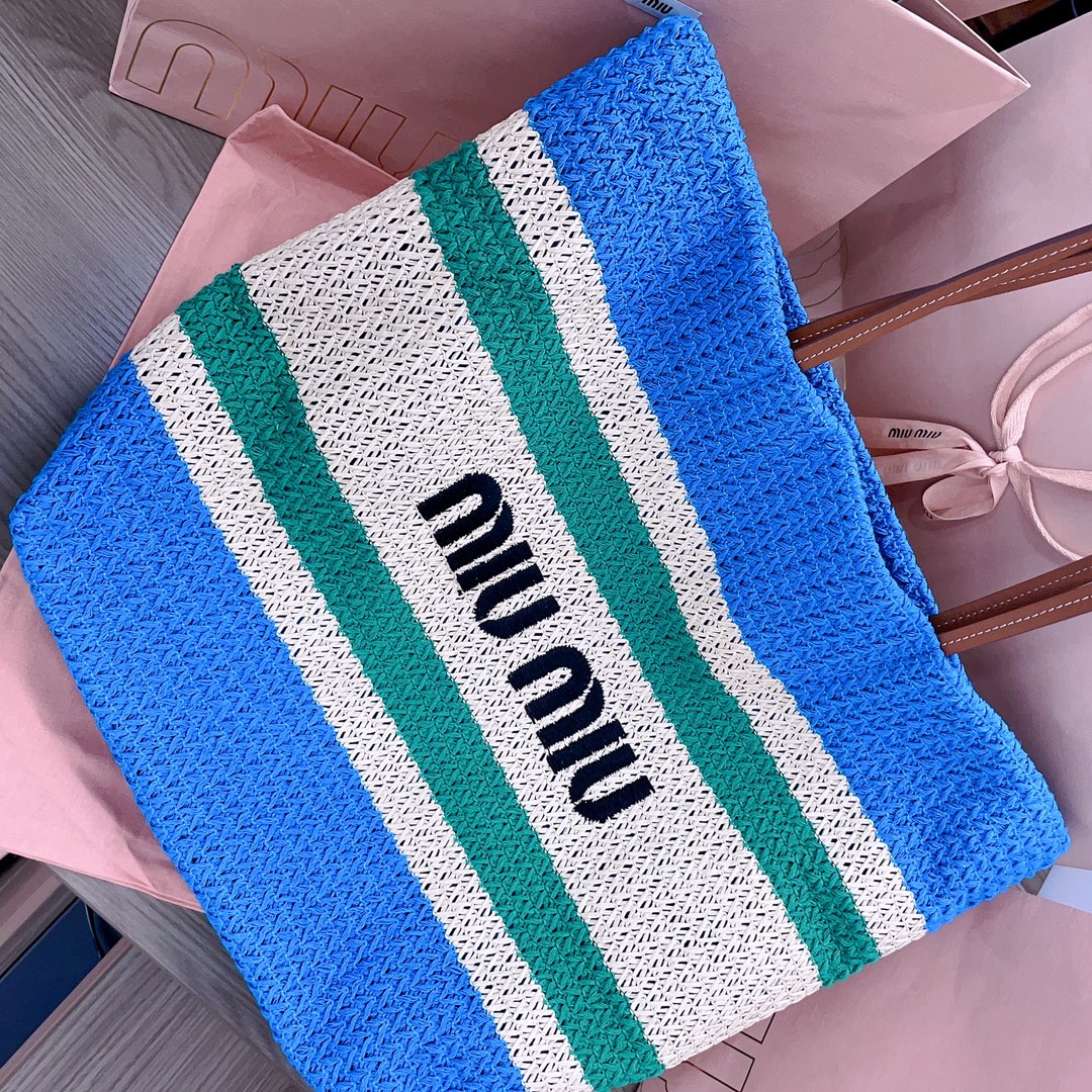 Miu Miu Large Logo Tote Bag in Natural & Azzurro  blue