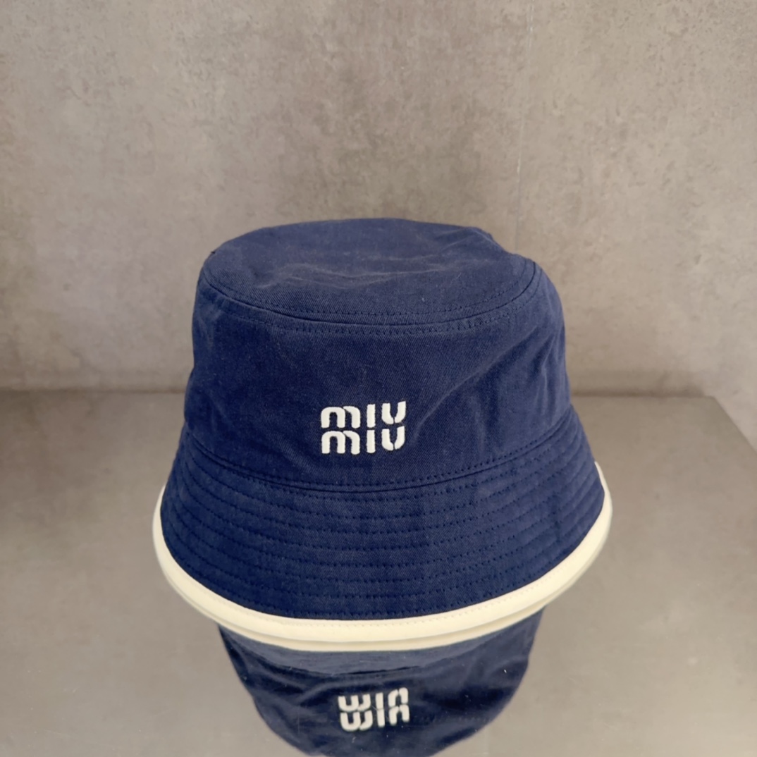 Miu Miu Navy Bucket Hat - Miu Miu Navy Cotton Bucket Hat - White Logo