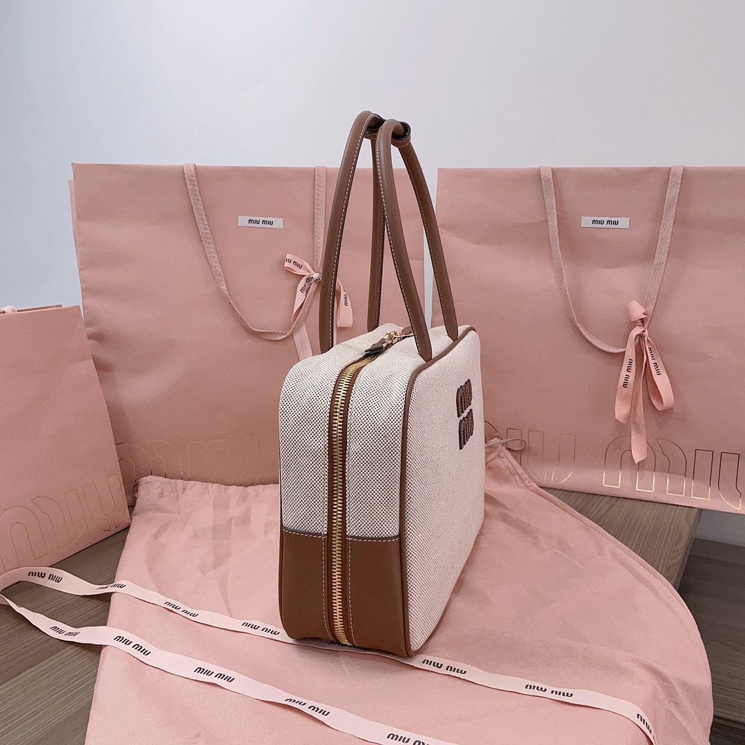 Miu Miu Logo leather-trimmed canvas tote bag Miu Miu