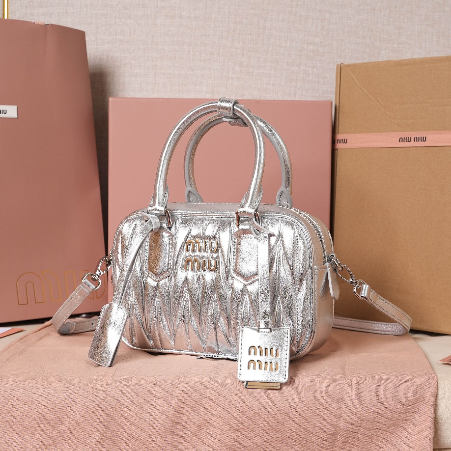 Miu Miu Matelassé Leather Mini Bag - Silver