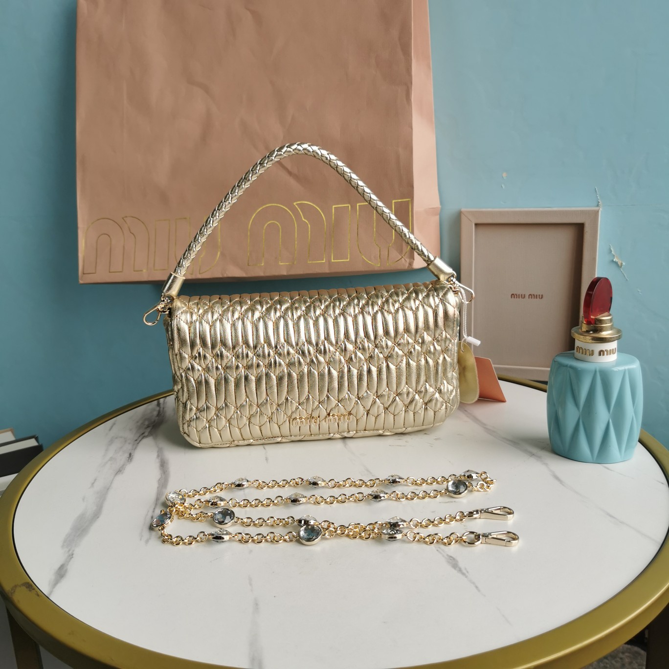 Miu Miu Matelassé Nappa Crystal Pochette - Gold Evening