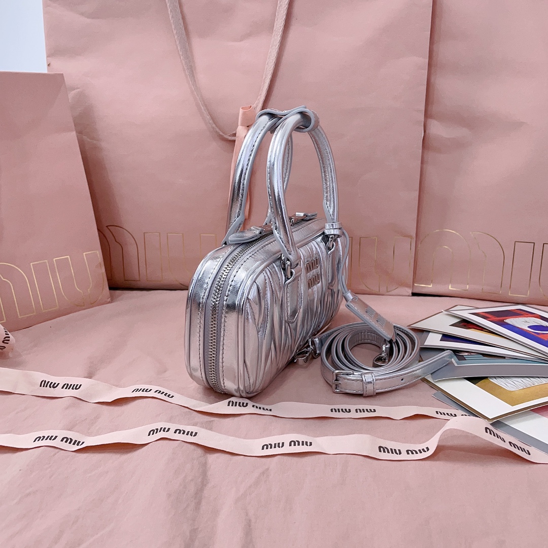 MIU MIU Metallic Nappa Matelasse Mini Arcadie Top Handle Bag Silver 167000