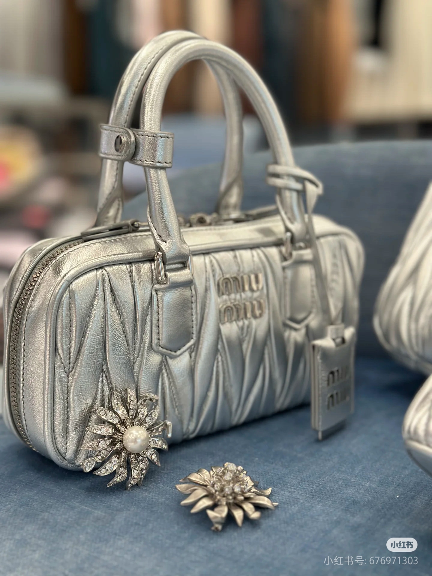 MIU MIU Metallic Nappa Matelasse Mini Arcadie Top Handle Bag Silver 1670000