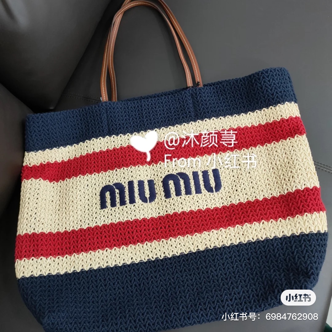 Miu Miu Natural/blue Raffia-effect Woven Tote Bag | Miu Miu