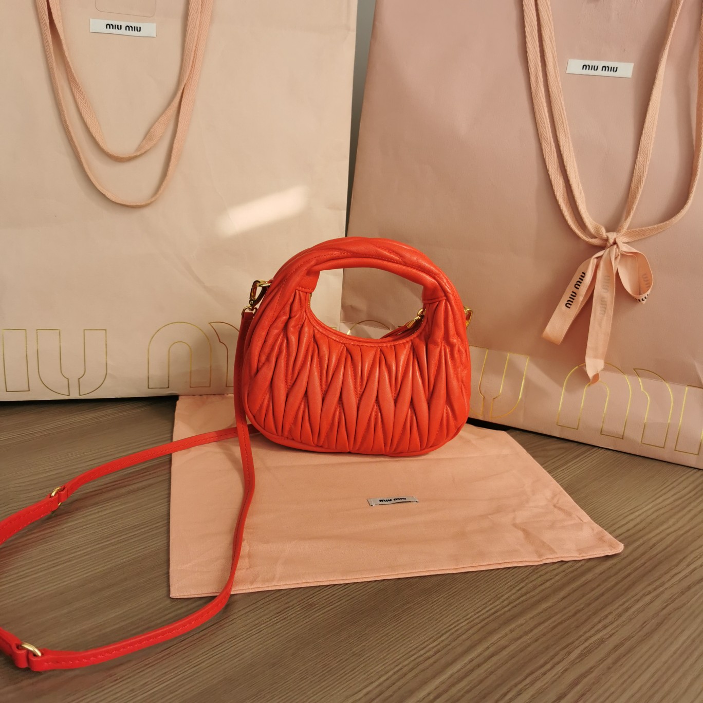 Miu Miu Orange Wander Matelassé Nappa Leather Hobo Bag | Miu Miu