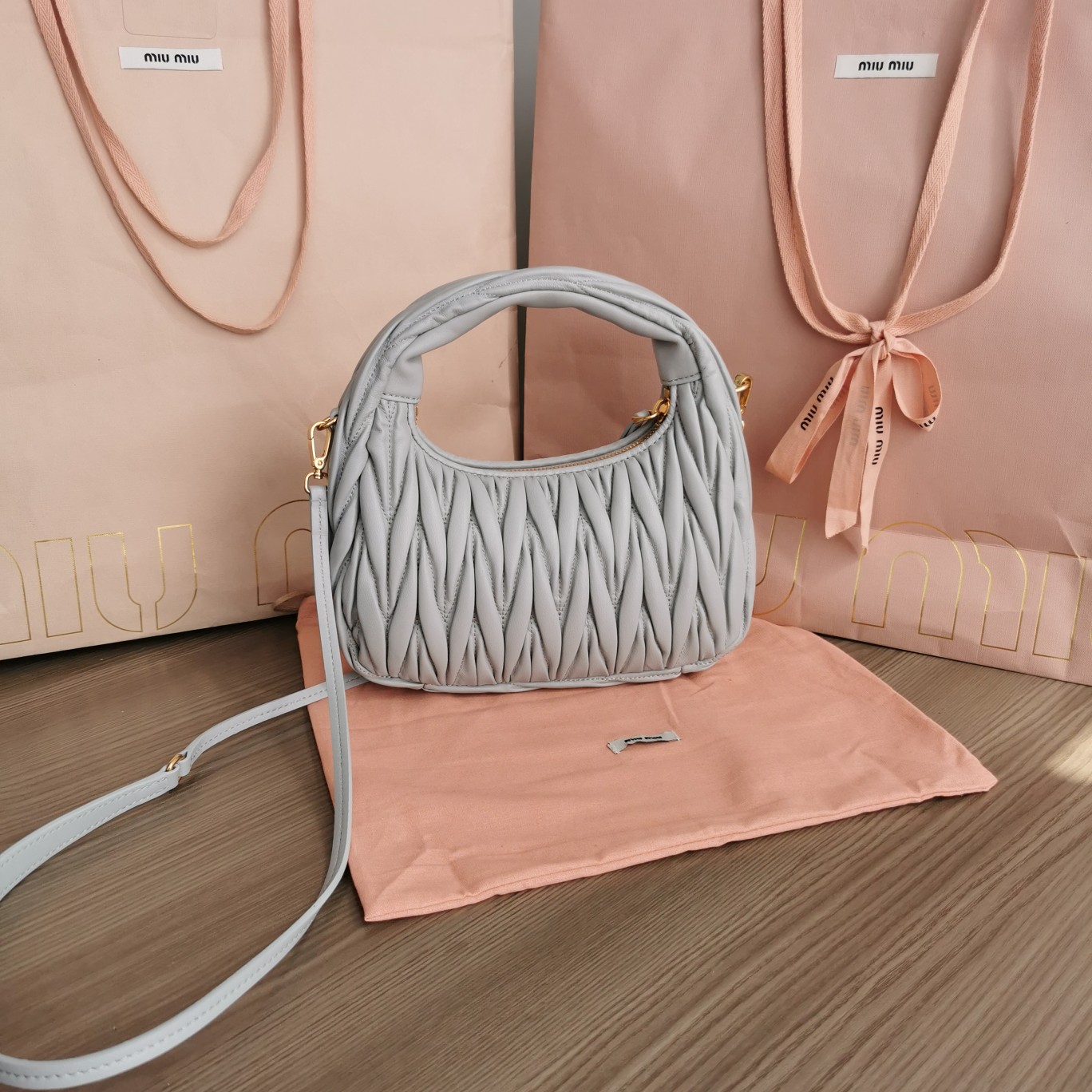 Miu Miu Pearl Gray Wander Matelassé Nappa Leather Hobo Bag | Miu