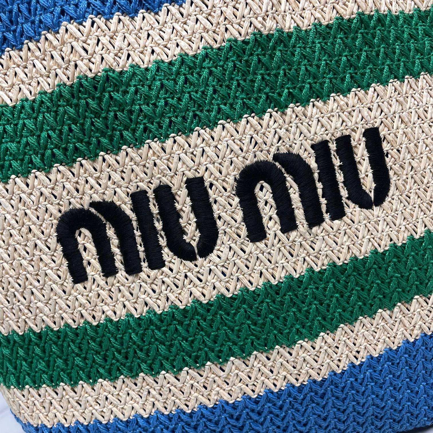 Miu Miu Raffia And Cotton Tote Bag - Beige/Light Blue