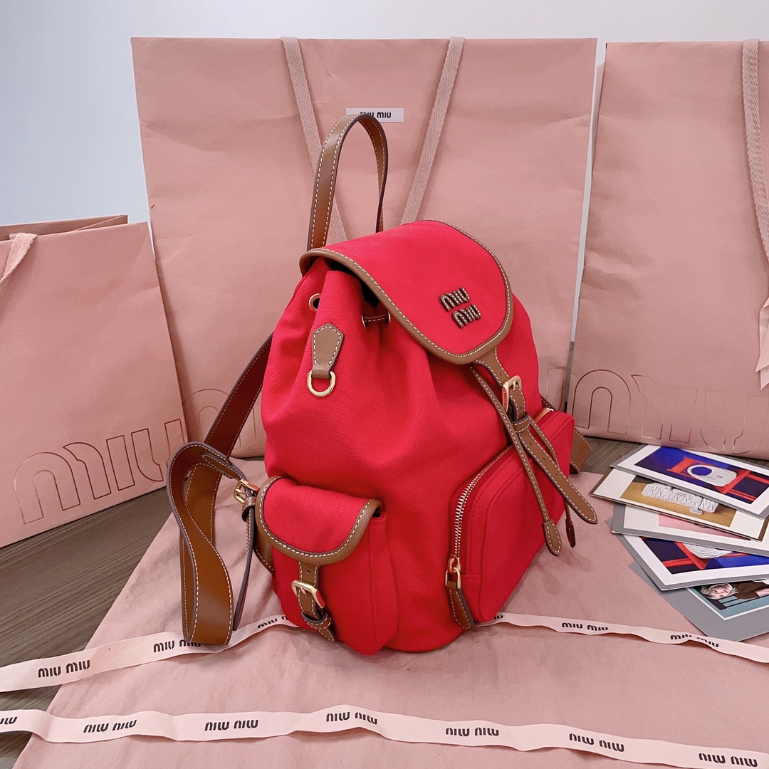 Miu Miu Red/brandy Canvas And Leather Backpack | Miu Miu