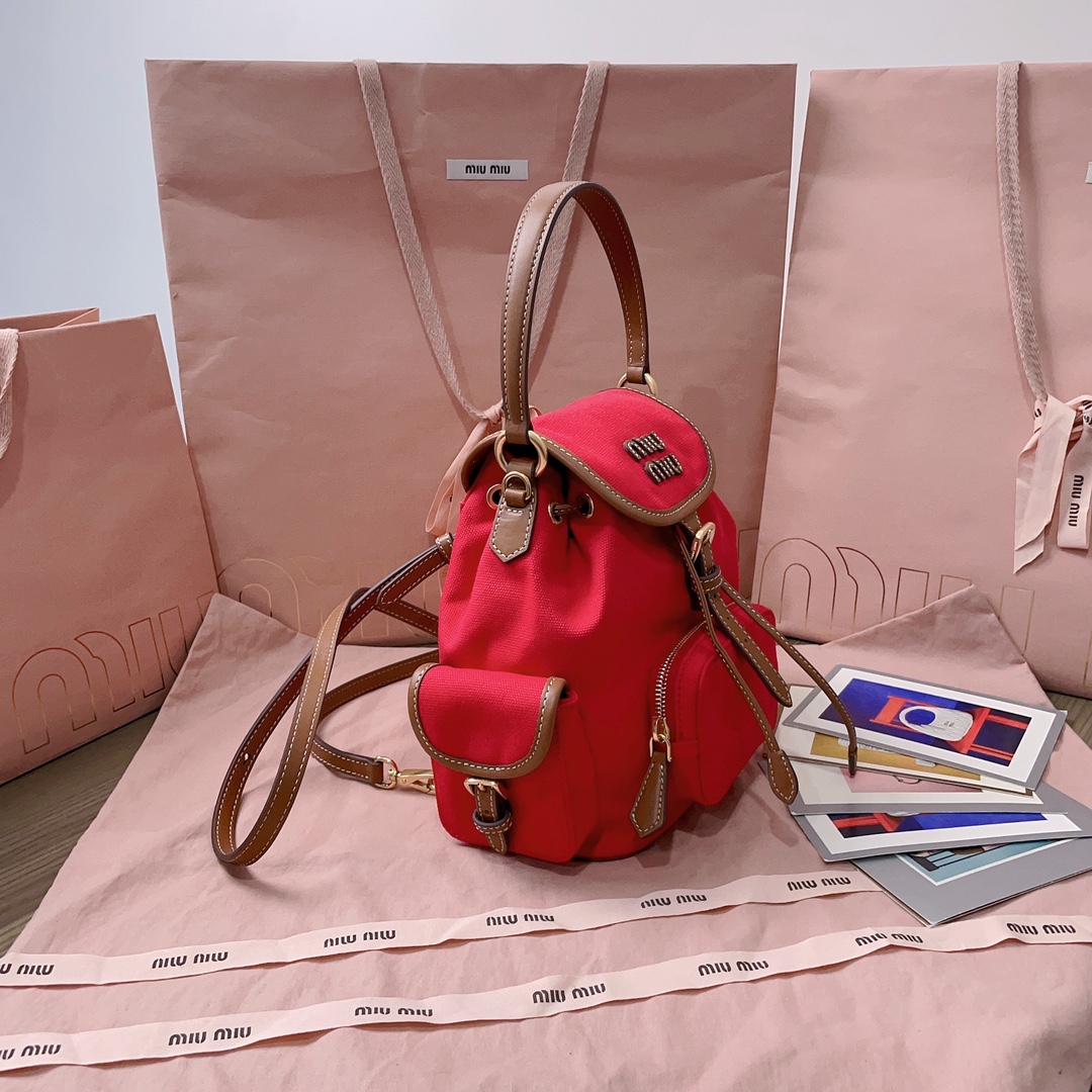 Miu Miu Red/brandy Canvas And Leather Backpack | Miu Miu