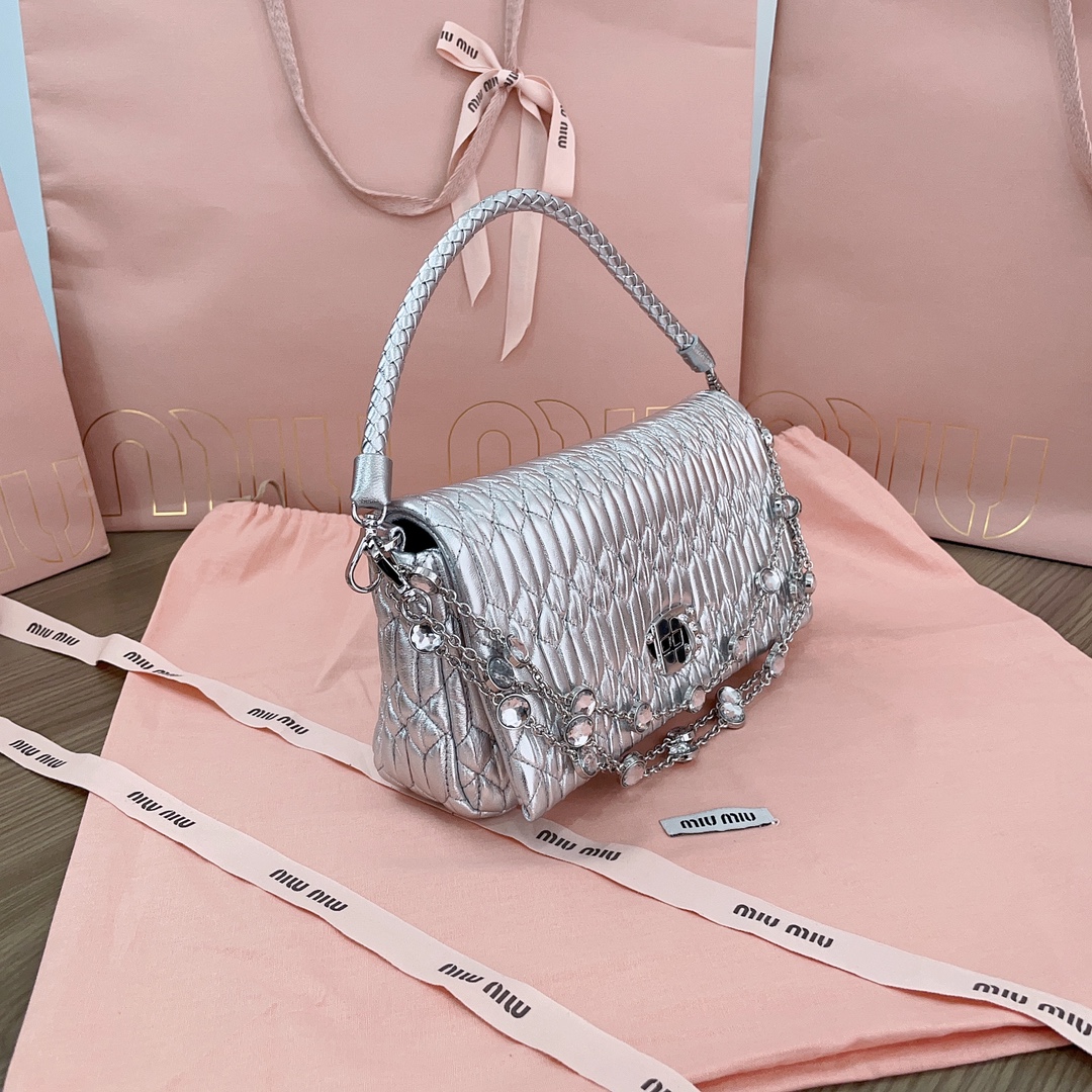 Miu Miu Silver Miu Crystal Nappa Leather And Crystal Mini-ba