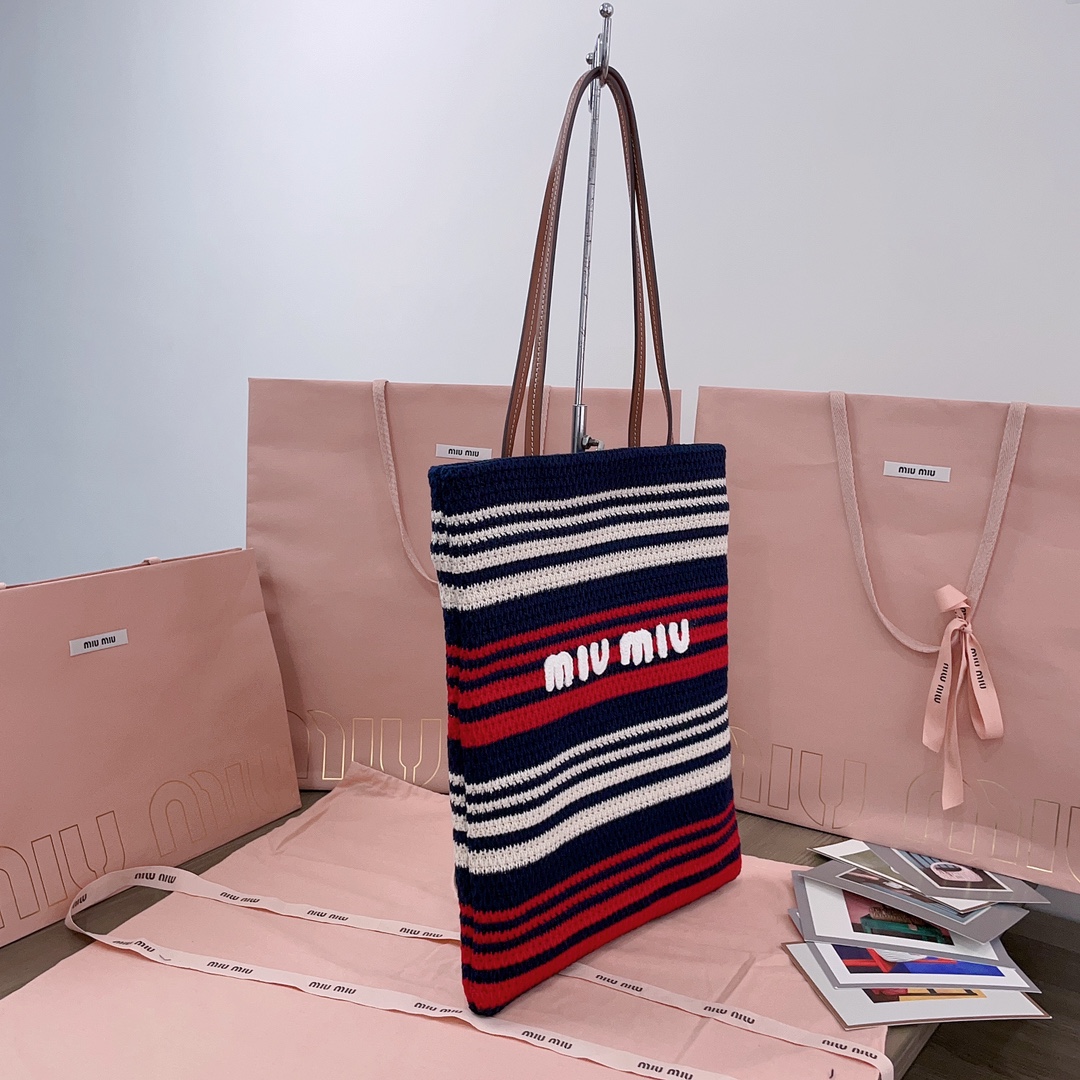 Miu Miu Striped crochet-knit Tote Bag | Blue red