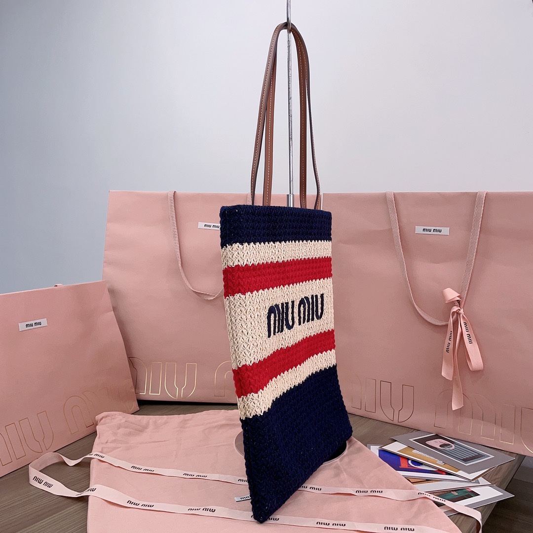 Miu Miu Striped Crochet Tote Bag | Neutrals black red