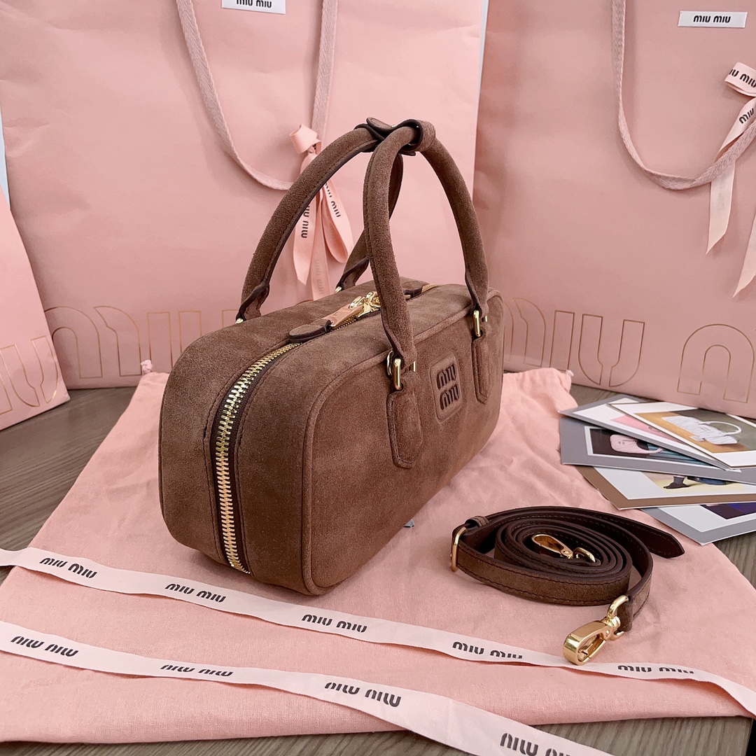 MIU MIU Suede Padded Regular Arcadie Top Handle Bag Cocoa