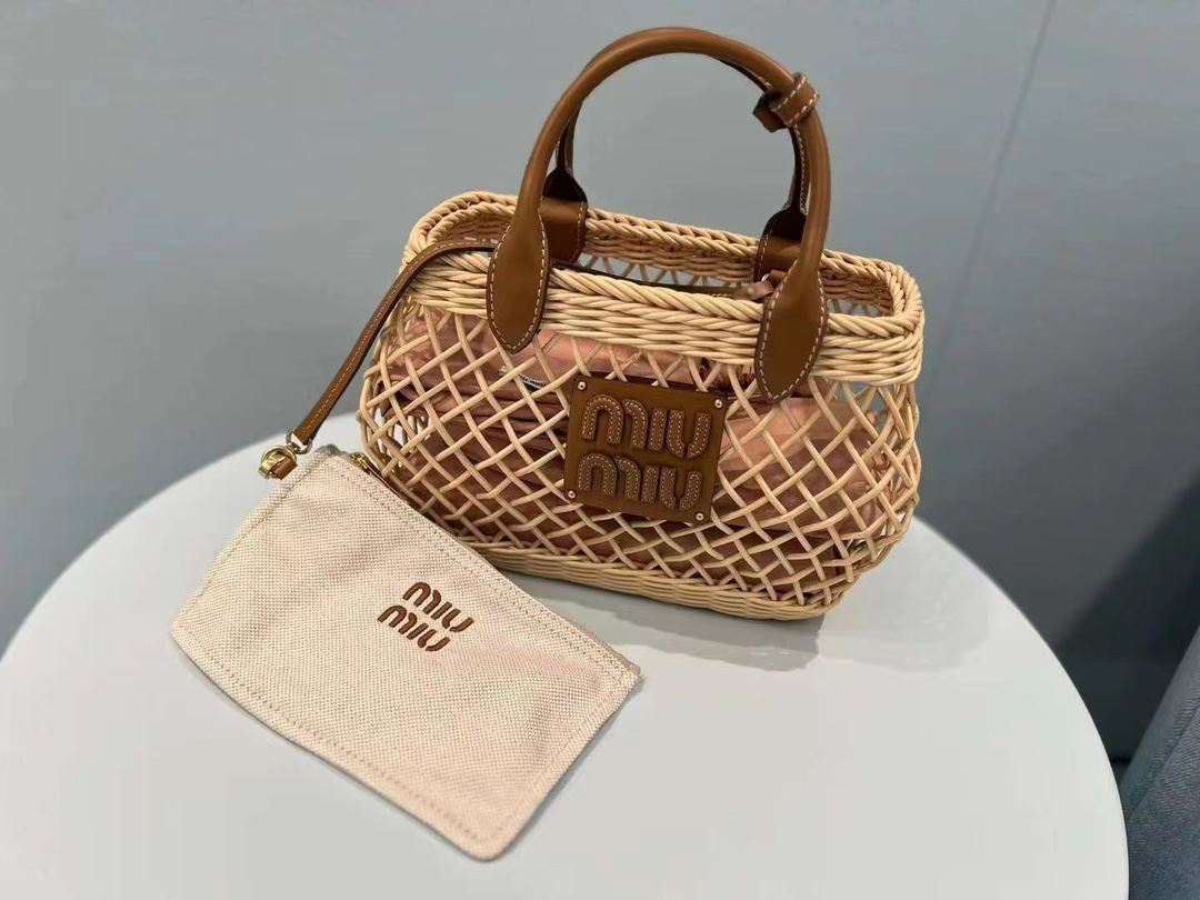 Miu Miu Tan/caramel Woven Fabric Handbag With Leather Trim