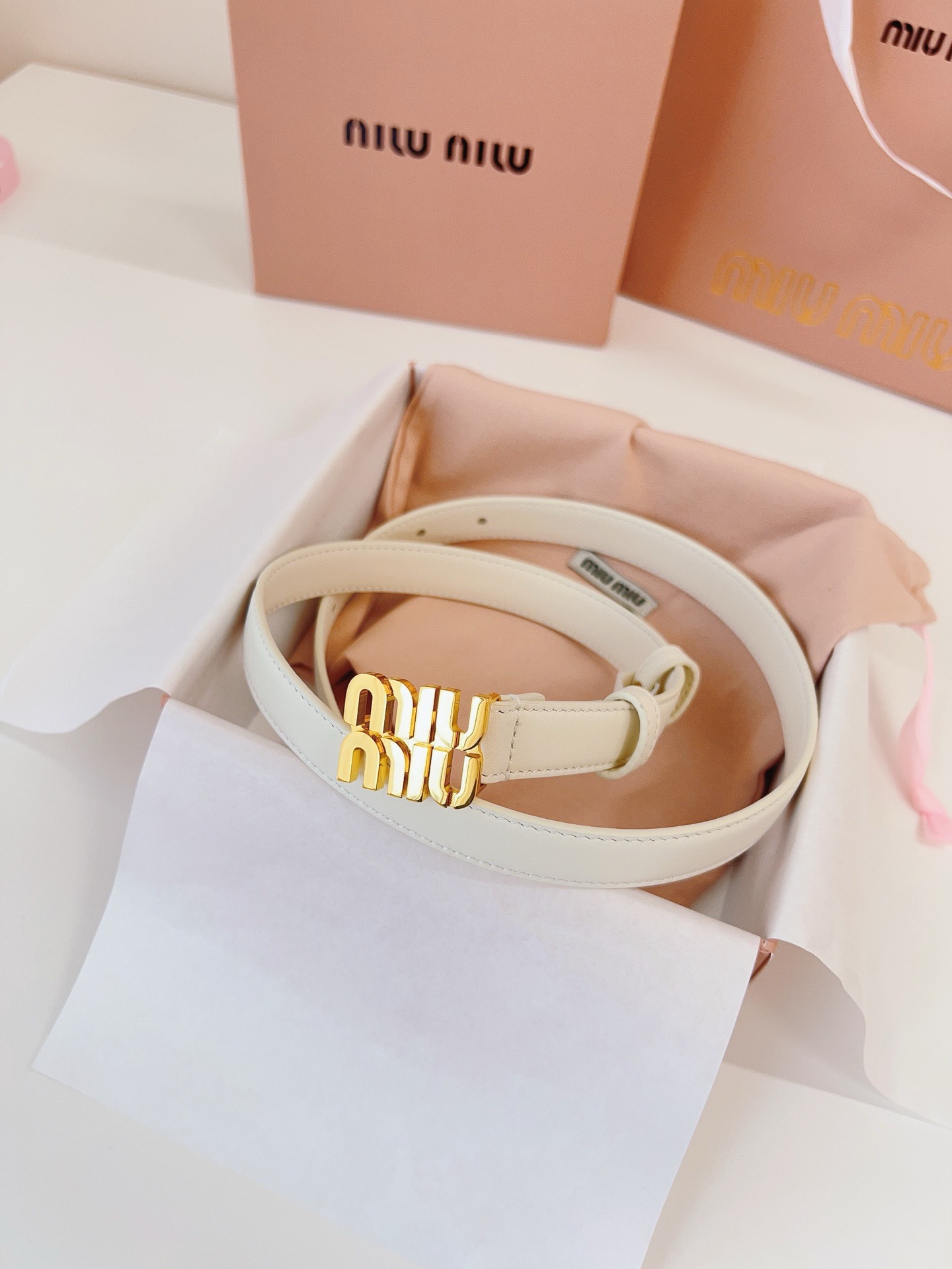 Miu Miu White Leather Belt - Gold Logo Buckle