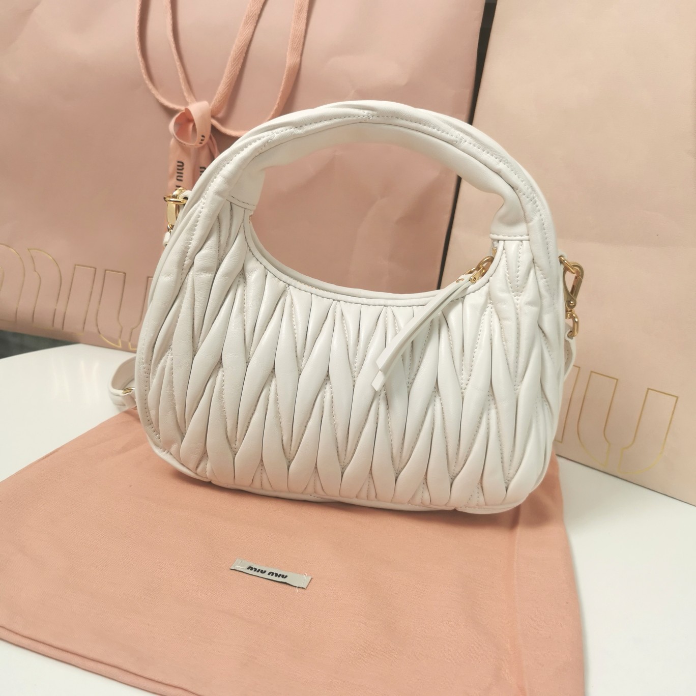 Miu Miu White Nappa Matelassé Mini Wander Hobo