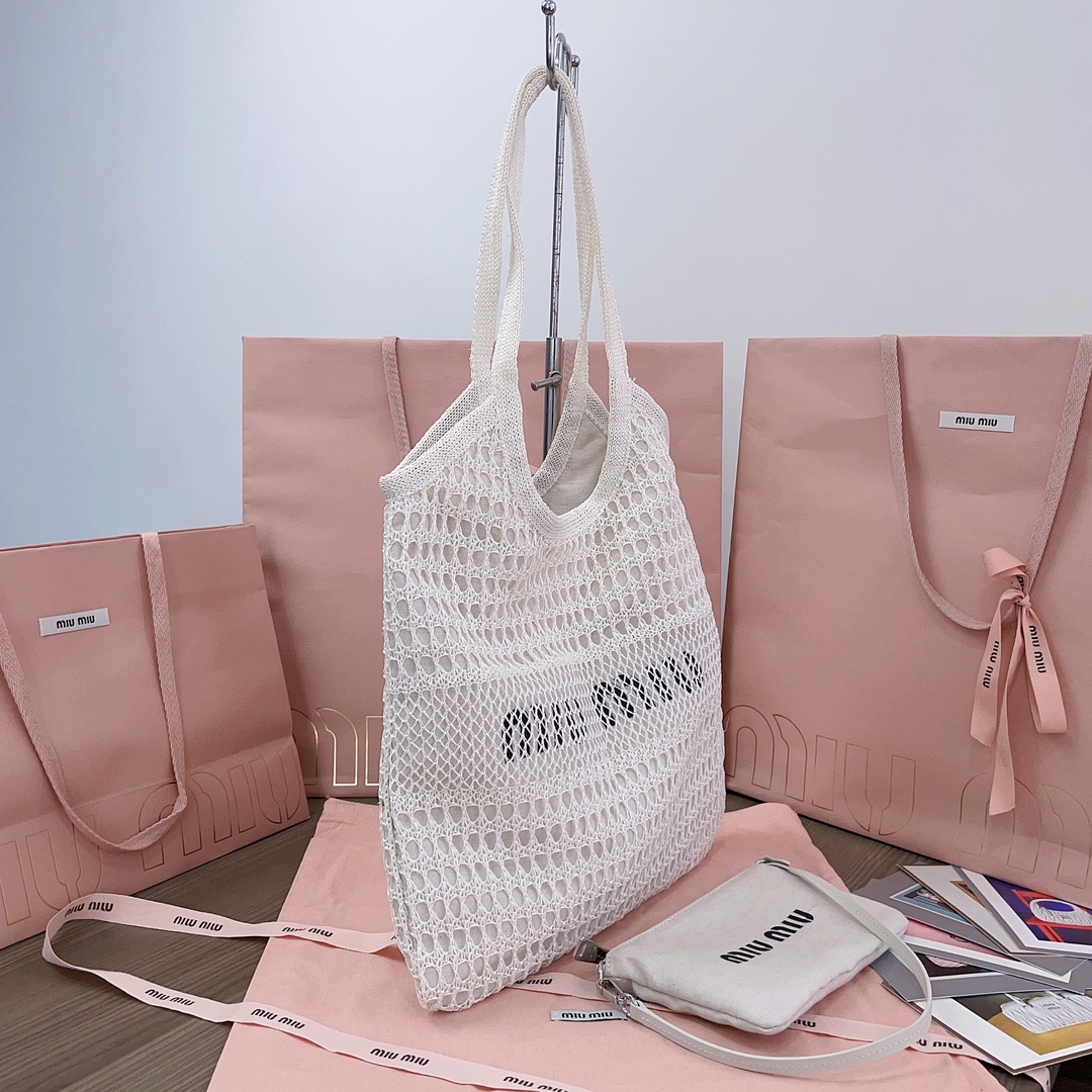 Miu Miu White/beige Ivy Raffia-effect And Linen Bag | Miu Miu