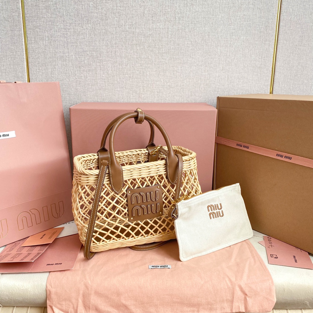 Miu Miu Woven Fabric Handbag With Leather Trim - Tan/Caramel