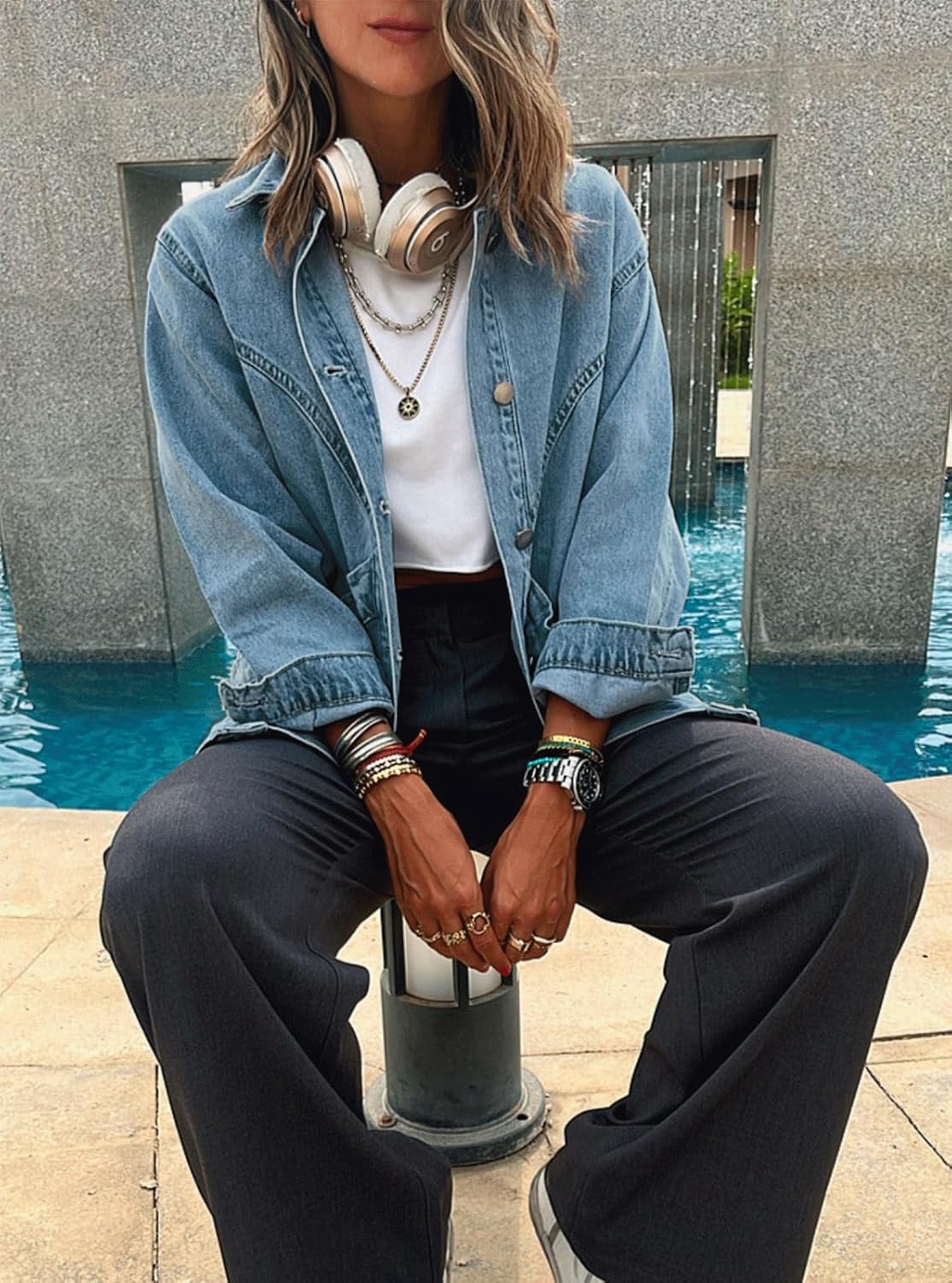 MJFCS YAENH Women’s Casual Oversized Button Up Denim Jackets Shacket Long Sleeve Pockets Denim Jean Jacket with Huge Pockets