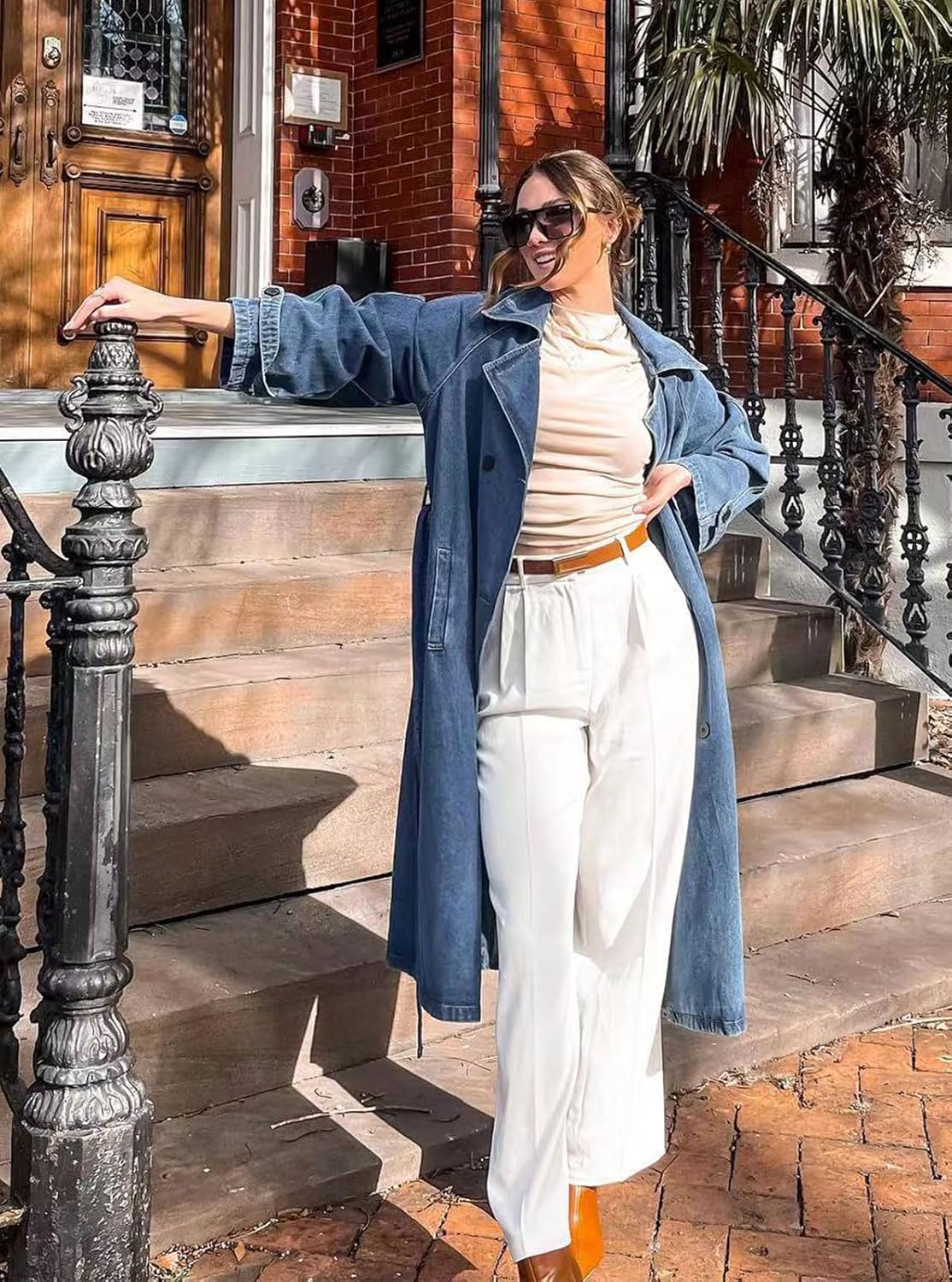 MJFCS YAENH Women’s Vintage Notched Collar Double Breasted Over Knee Midi Long Denim Jacket Trench Coat with Belt