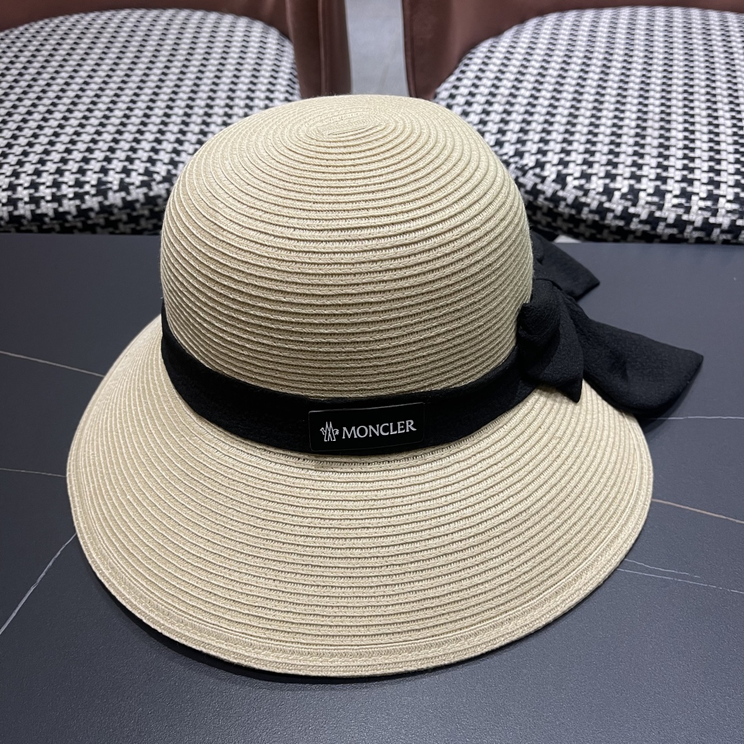 Moncler Beige Straw Hat - Black Ribbon Detail