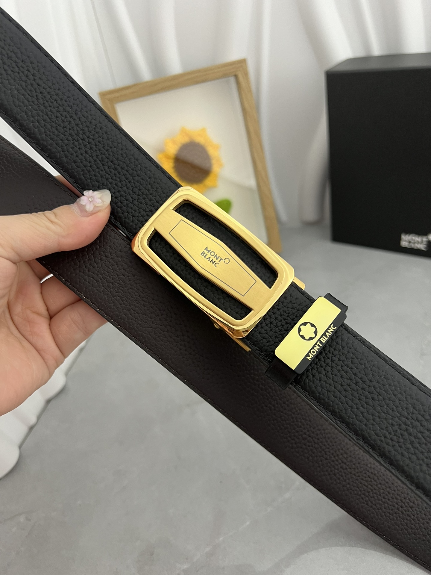 Montblanc Classic Leather Belt in Black with Gold-Plated Buckle