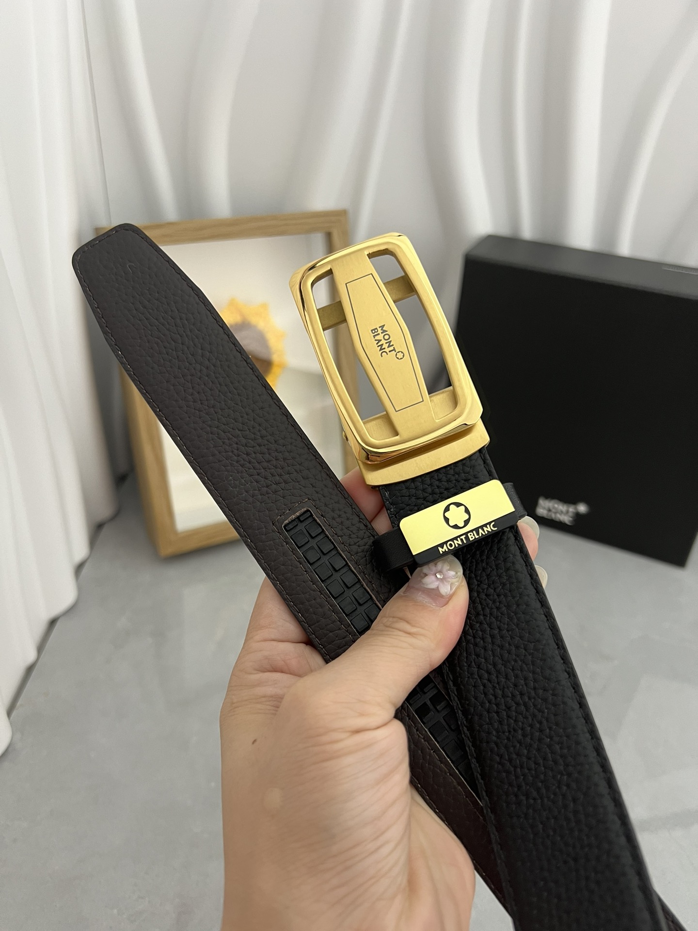 Montblanc Classic Leather Belt in Black with Gold-Plated Buckle
