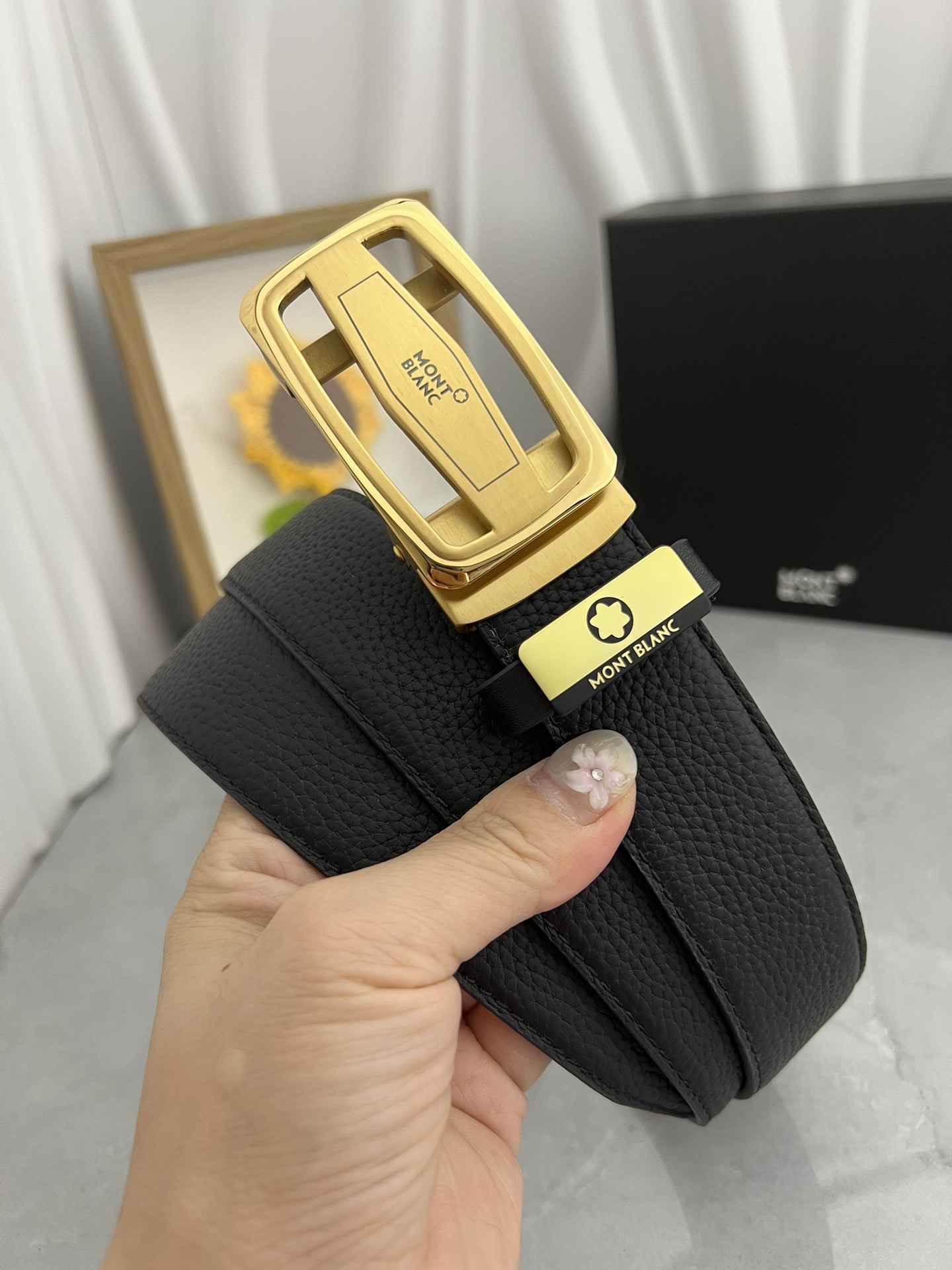 Montblanc Classic Leather Belt in Black with Gold-Plated Buckle