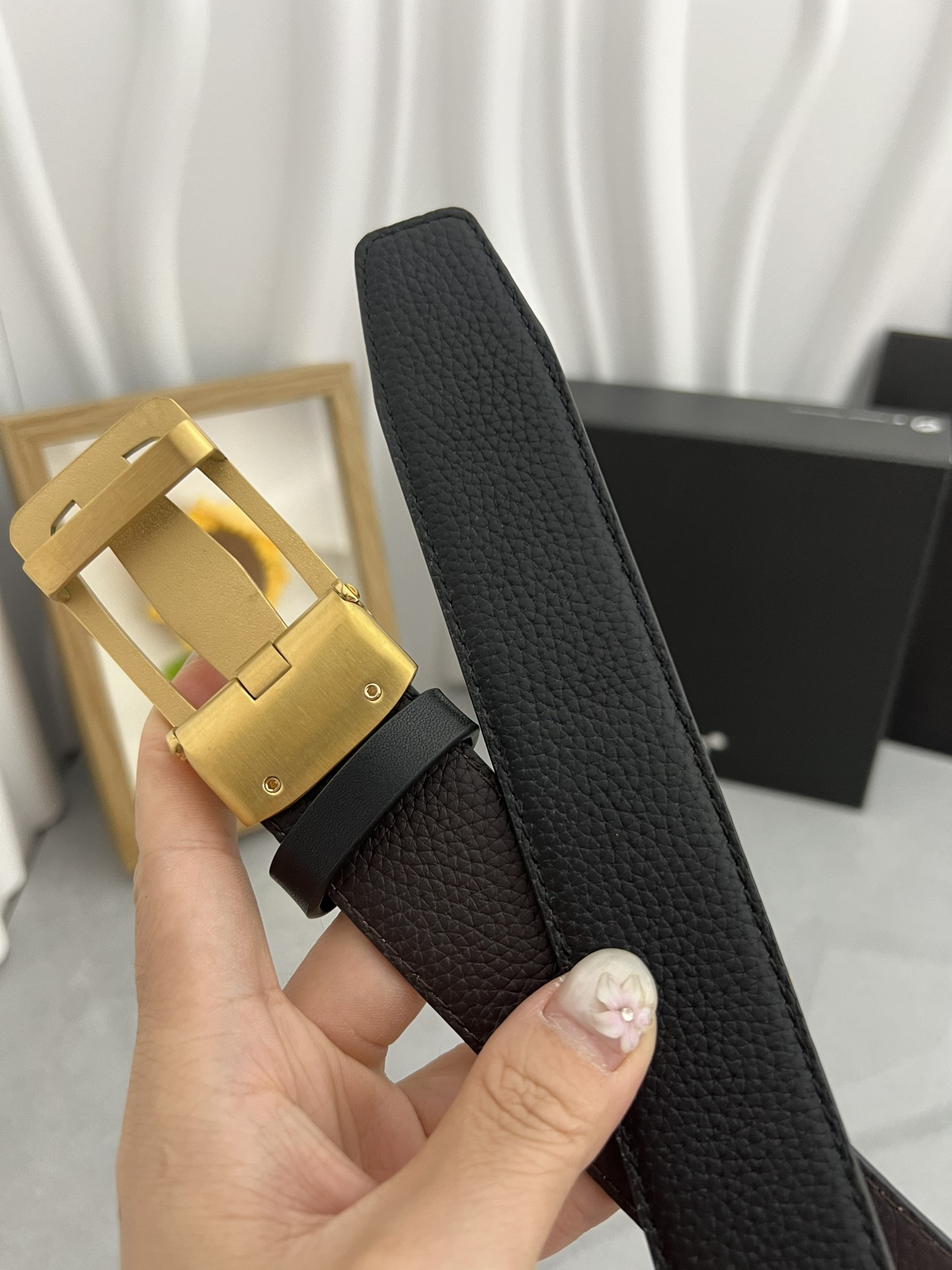 Montblanc Classic Leather Belt in Black with Gold-Plated Buckle