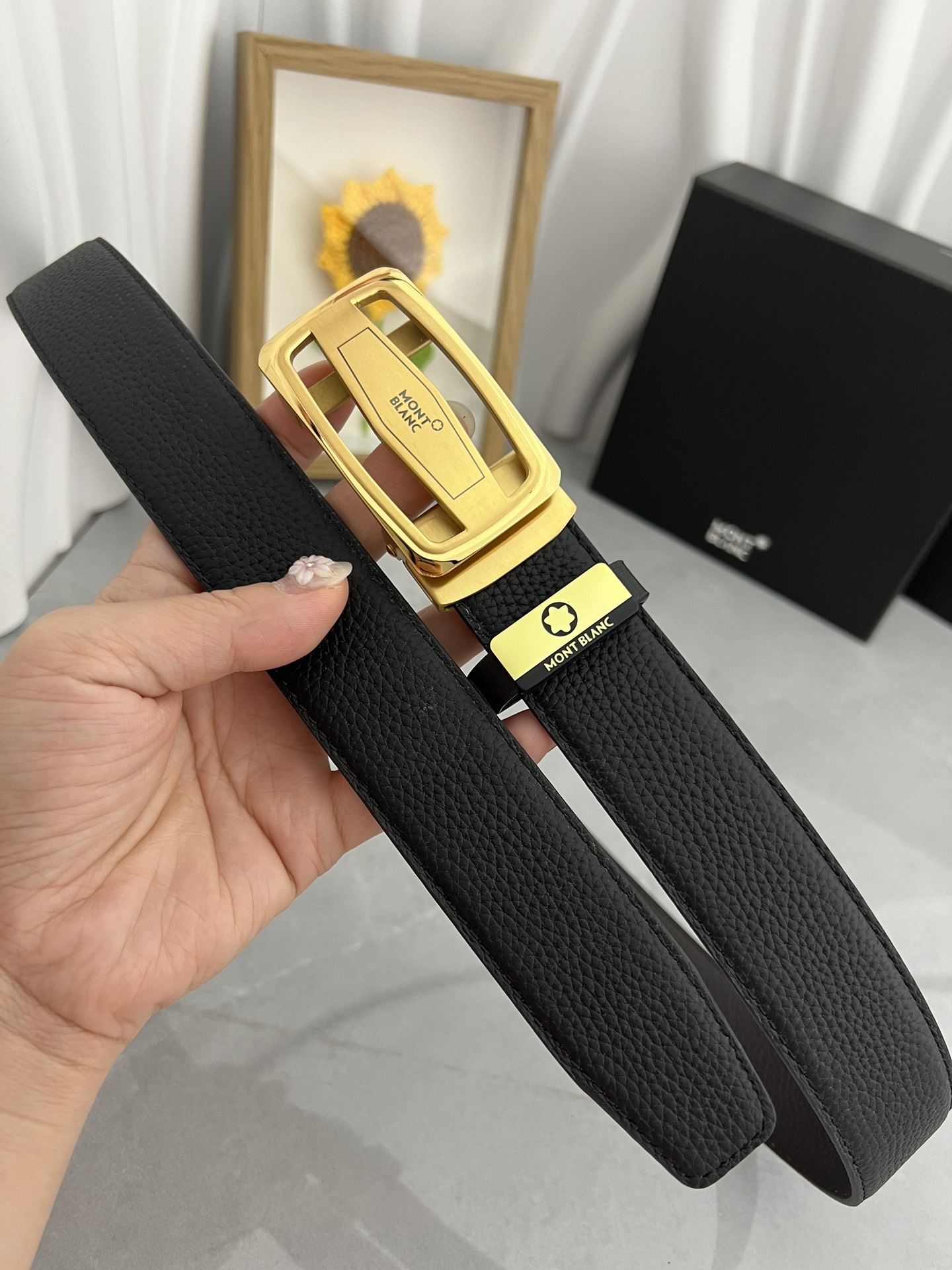 Montblanc Classic Leather Belt in Black with Gold-Plated Buckle