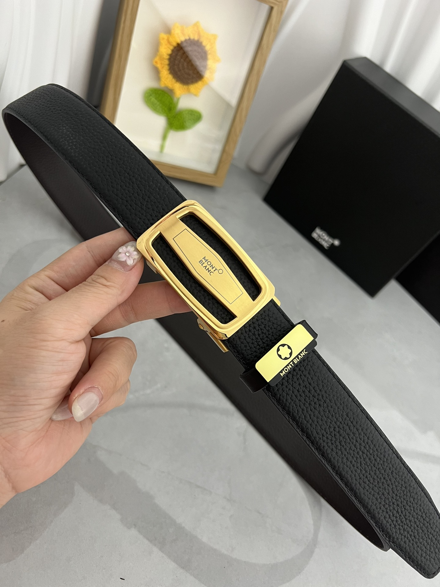 Montblanc Classic Leather Belt in Black with Gold-Plated Buckle