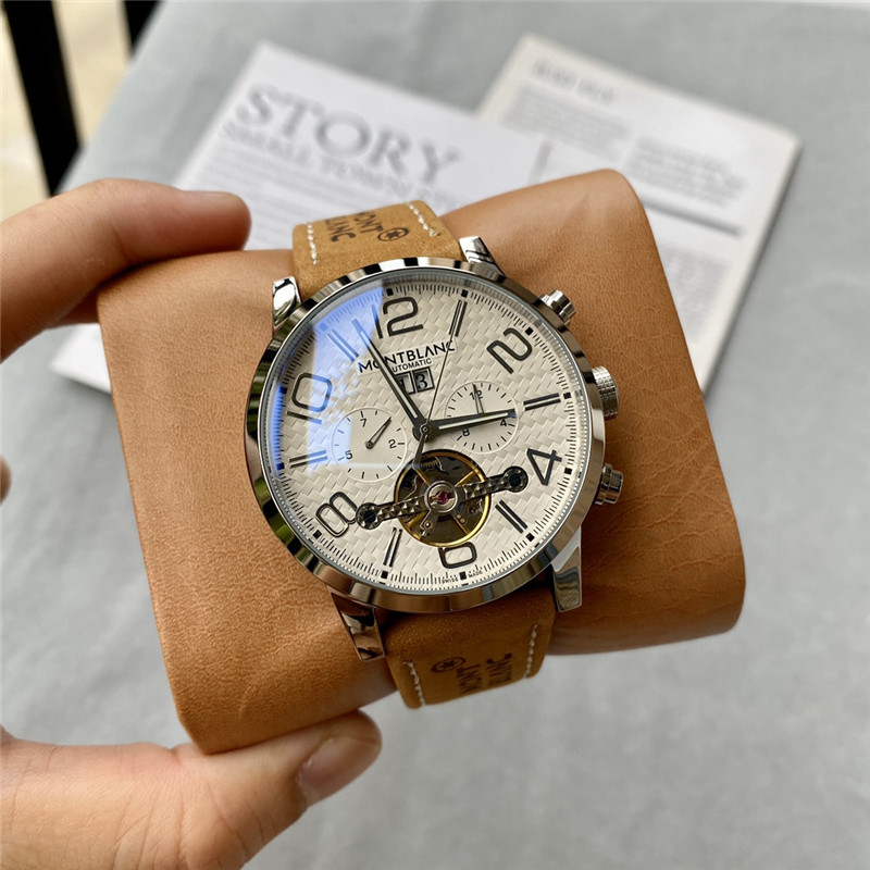 Montblanc Silver Automatic - Beige Leather Strap Watch