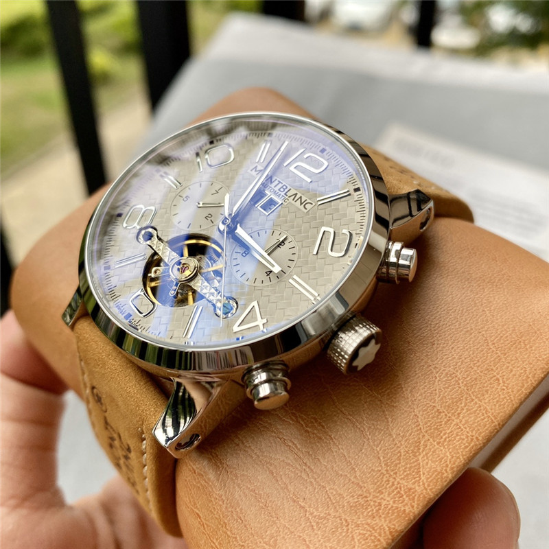 Montblanc Silver Automatic - Beige Leather Strap Watch - Image 4