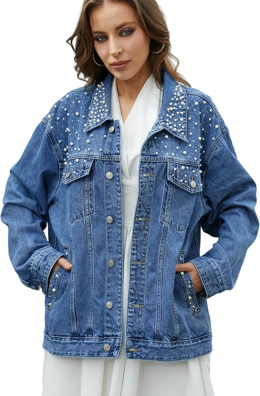 Muundim Jean Jacket for Women, Oversize Trendy Denim Jacket, Women’s Loose Long Boyfriend Jean Jackets Coat
