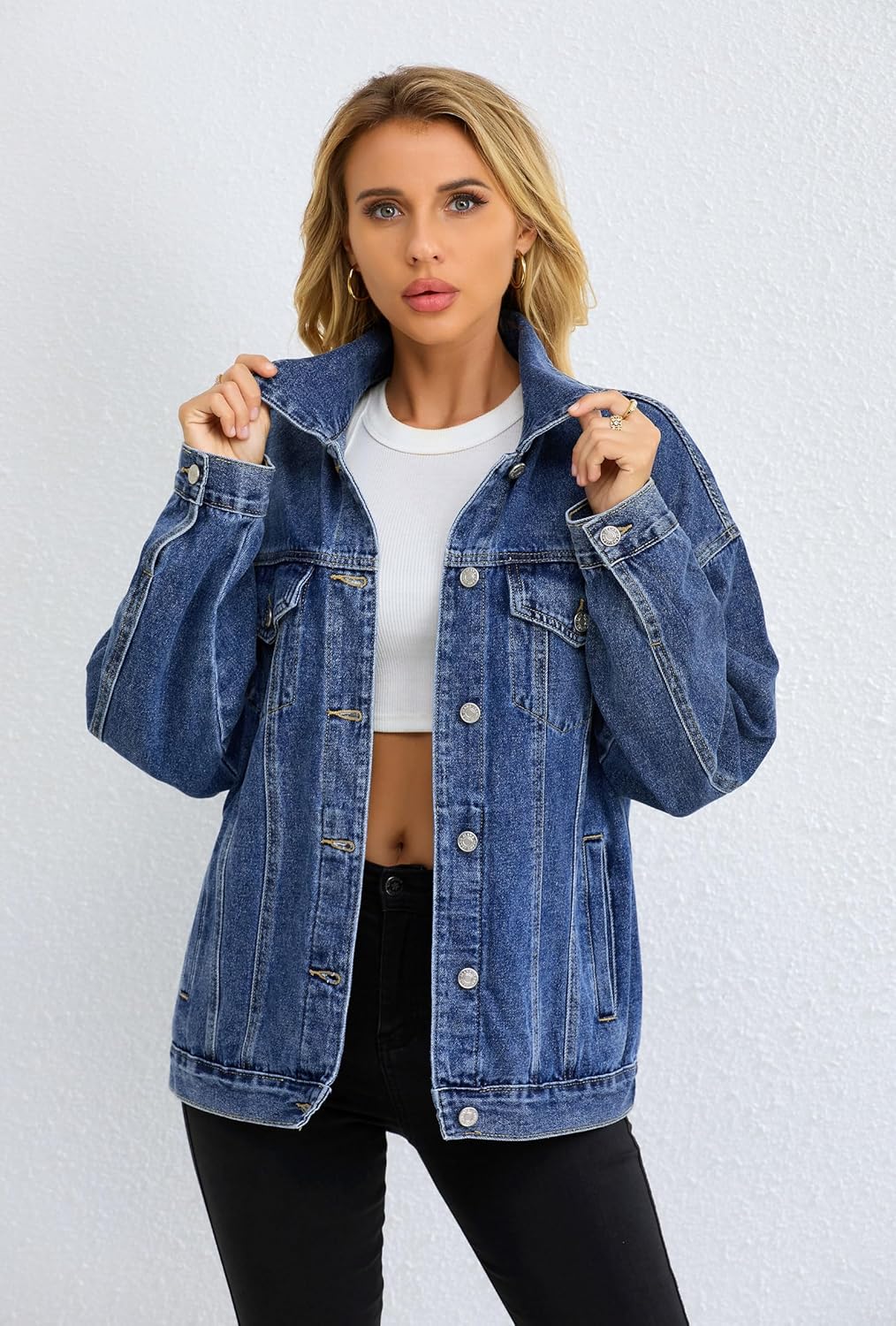 Muundim Jean Jacket for Women, Oversize Trendy Denim Jacket, Women’s Loose Long Boyfriend Jean Jackets Coat