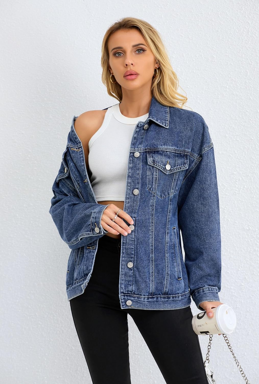 Muundim Jean Jacket for Women, Oversize Trendy Denim Jacket, Women’s Loose Long Boyfriend Jean Jackets Coat